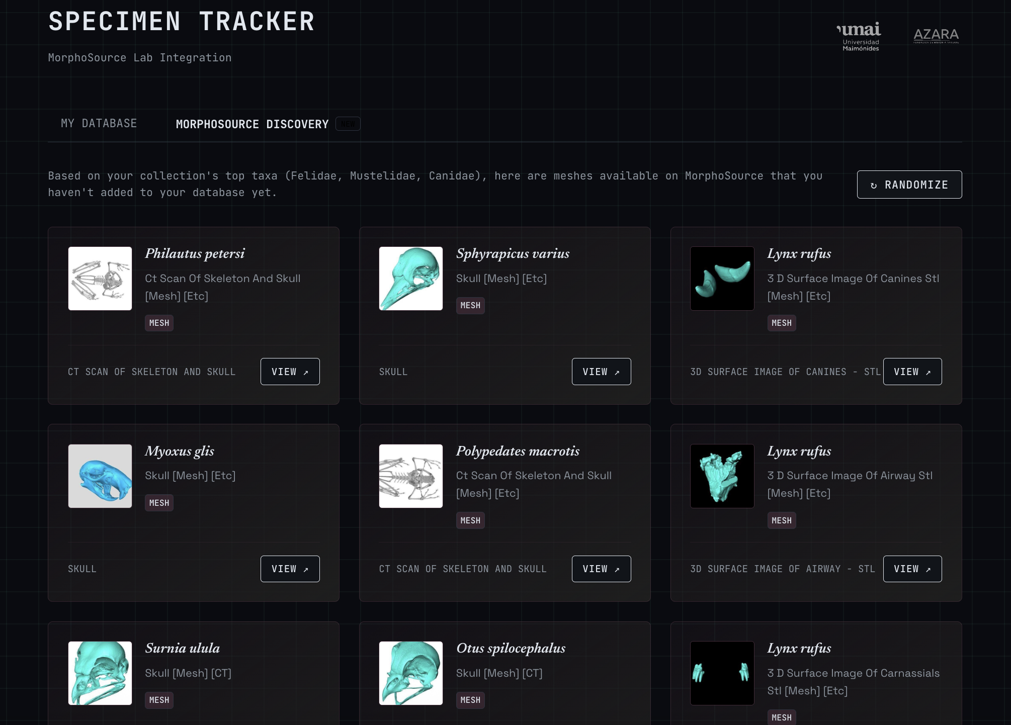 The Specimen Tracker built for Universidad Maimónides, showing 3D scans of skulls and skeletons pulled into the lab's database